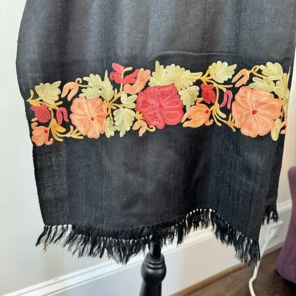 Black Wool Shawl with Floral Embroidery Stitching and Fringed Ends - Picture 6 of 7